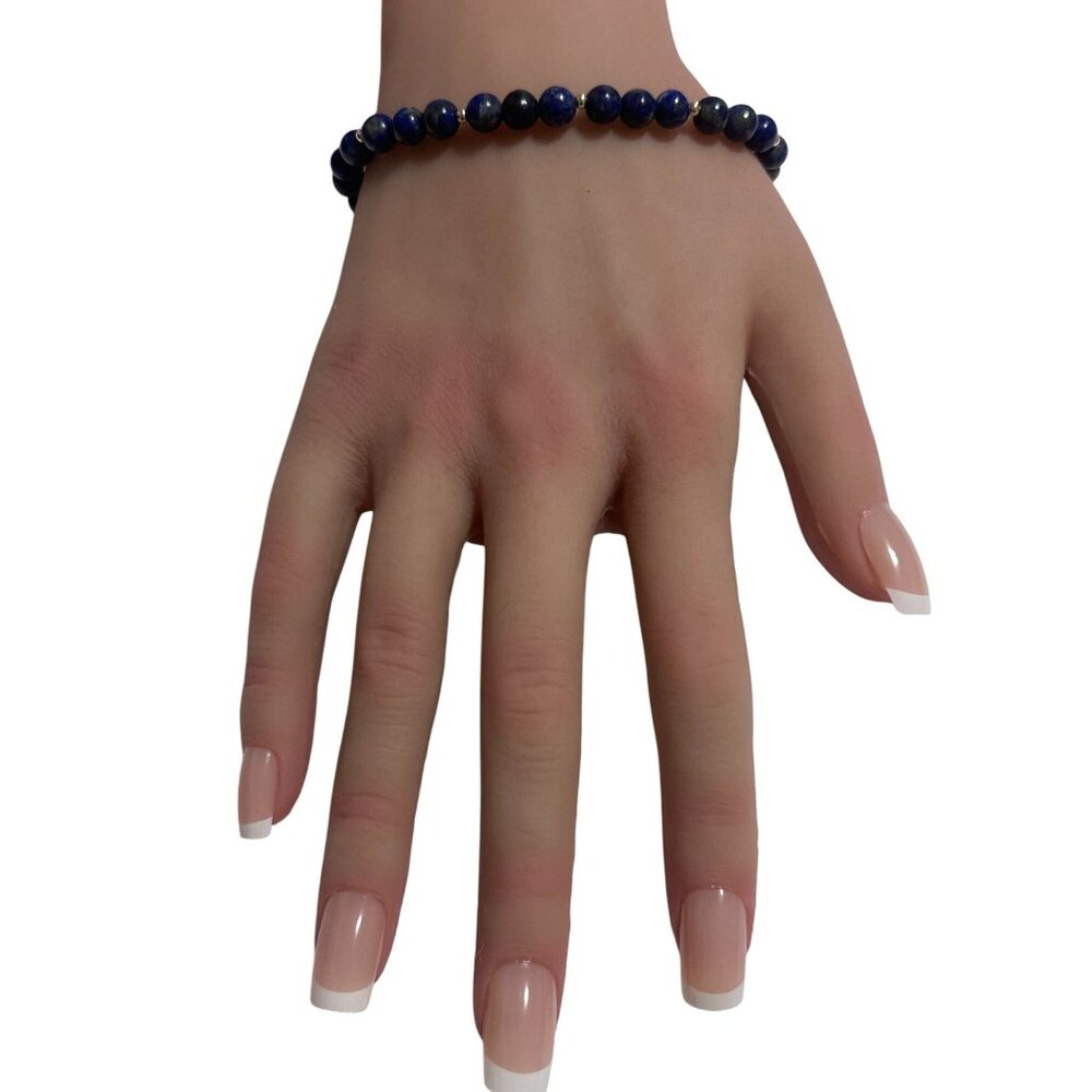 Lapis Lazuli Gemstone Beaded Stretch Bracelet with 14K Gold Accent Bead Handmade - Picture 7 of 7